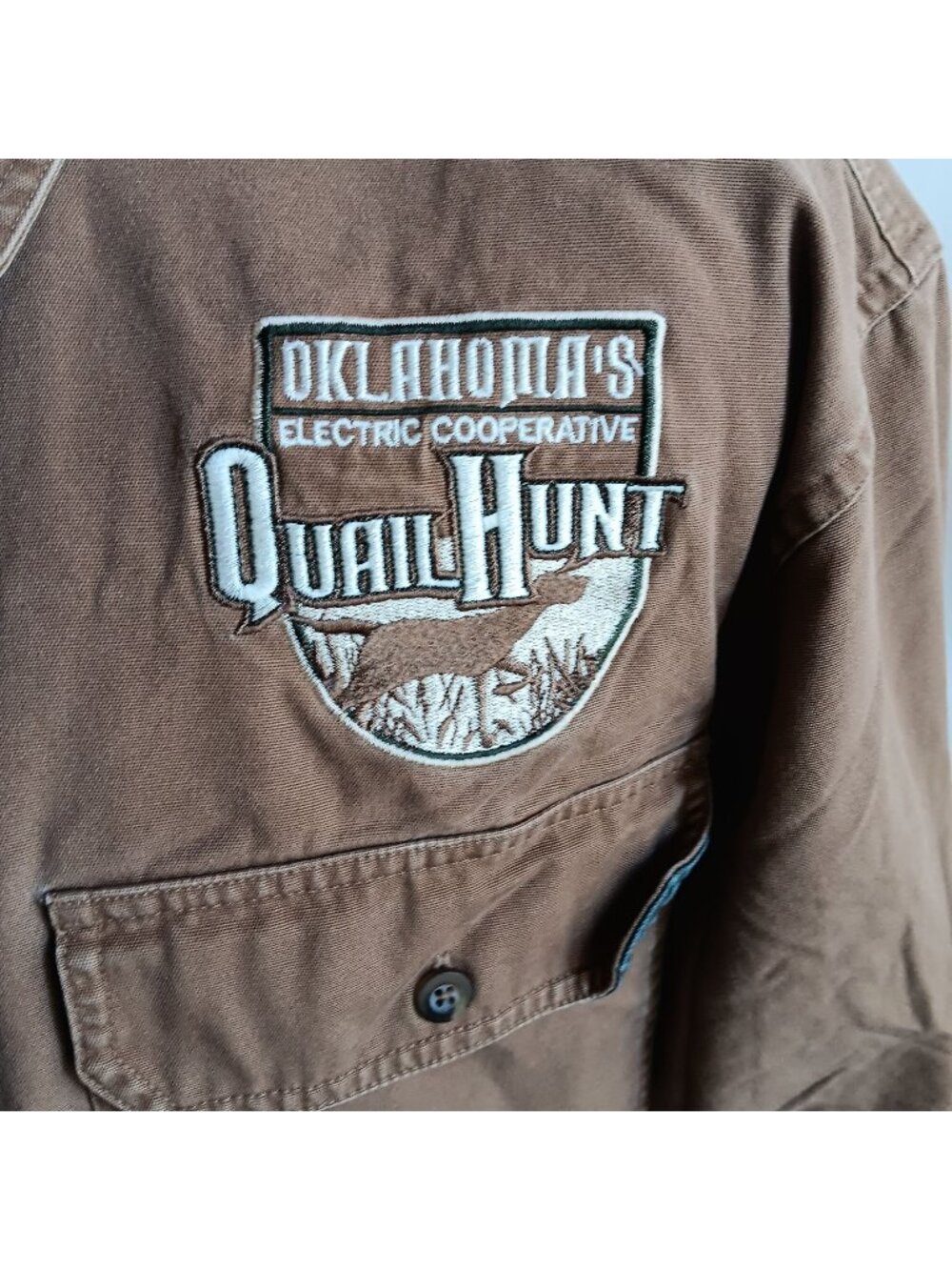 Large Cabela's Mens Hunting Shirt Button Down Logo Quail Oklahoma Canvas